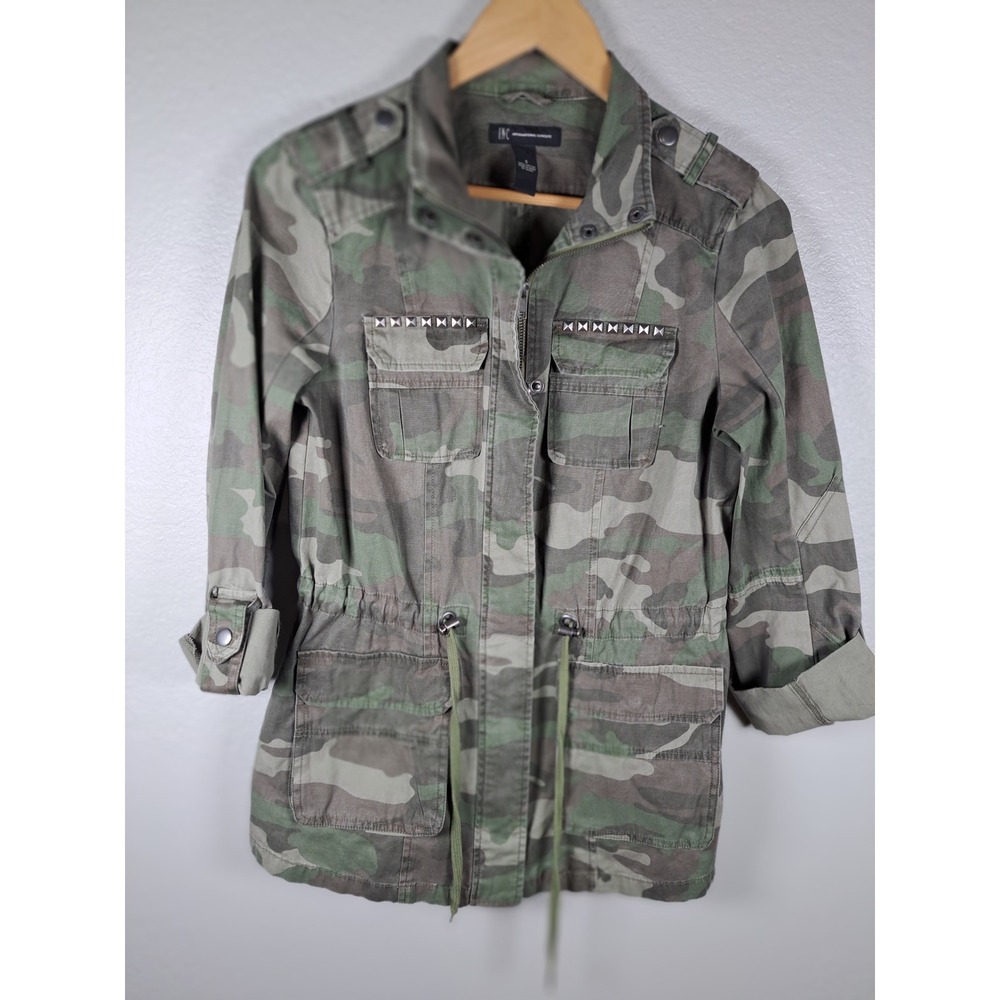 INC International Concepts Camo Utility Jacket Studded Military Olive Drab Small